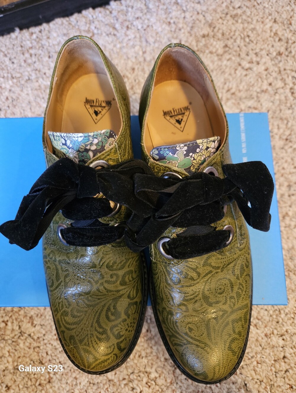 John Fluevog Florence Oxfords, Green With Floral Detail And Velvet Laces. Size 8